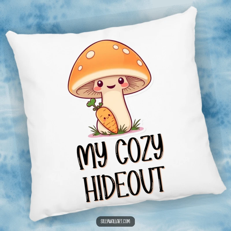 Funny Pillow featuring a shy carrot hiding behind a giant, smiling mushroom, a gentle accent piece.
