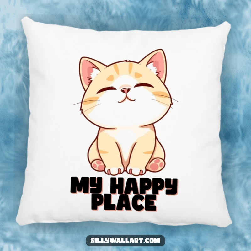 Funny pillow showcasing a contented cat purring deeply while being stroked, its expression one of utter joy and relaxation.