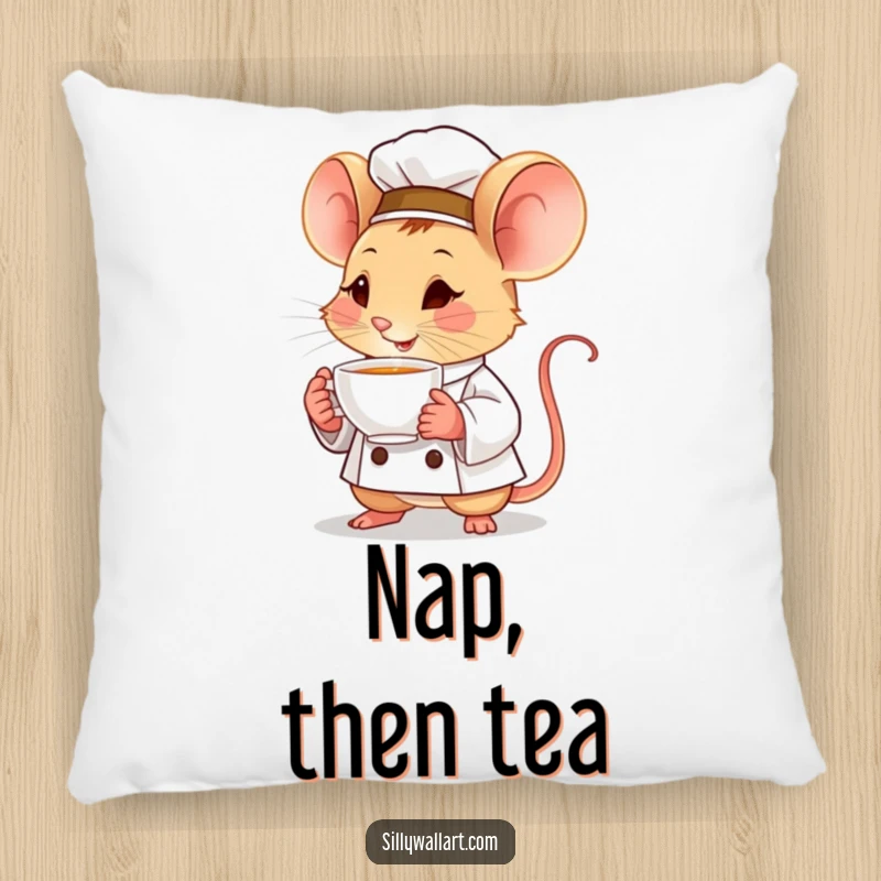Funny pillow featuring a determined little mouse chef holding a tiny, steaming teacup, offering comfort and focused cheer.