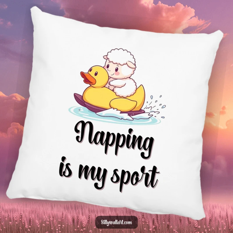 Funny pillow, a fluffy sheep waterskiing on a giant rubber duck, adding comfort and farm humor.
