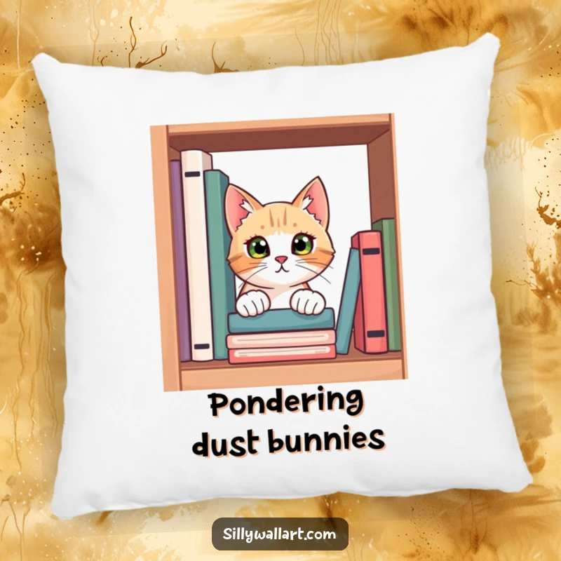 Funny pillow showcasing a curious cat peeking out from behind a stack of books, its eyes full of wonder and a desire to explore.