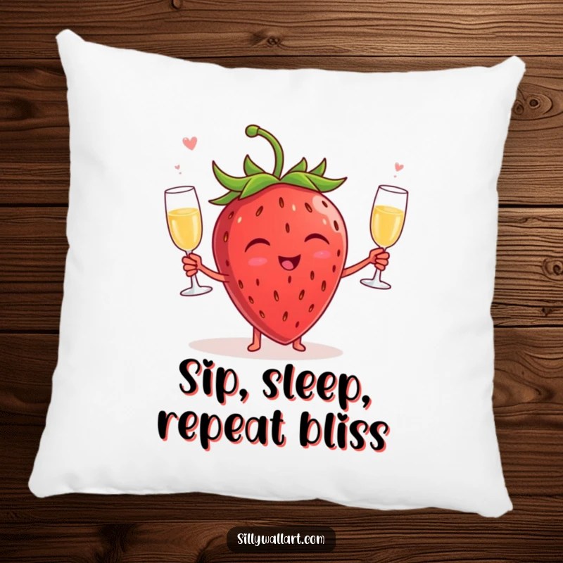 Funny plush pillow featuring a laughing strawberry juggling tiny champagne glasses, offering comfort and a splash of humorous, festive decoration.