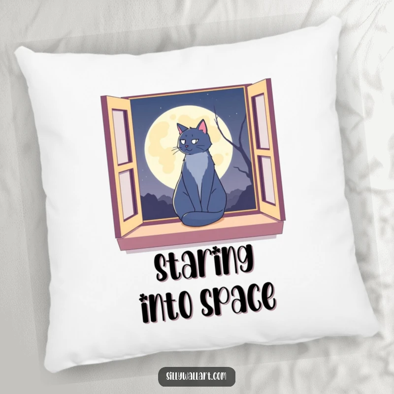 Funny cat silhouetted on a window sill against a moon on a plush pillow, perfect for cozying up peacefully.