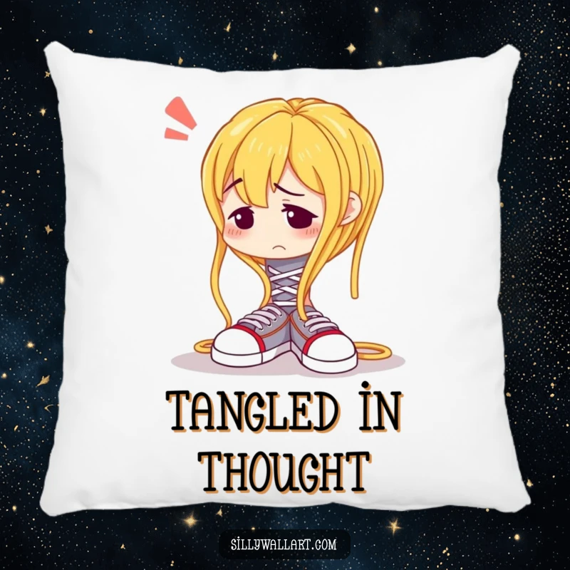 Funny pillow featuring a confused spaghetti noodle comically struggling to tie shoelaces, soft and humorous comfort.