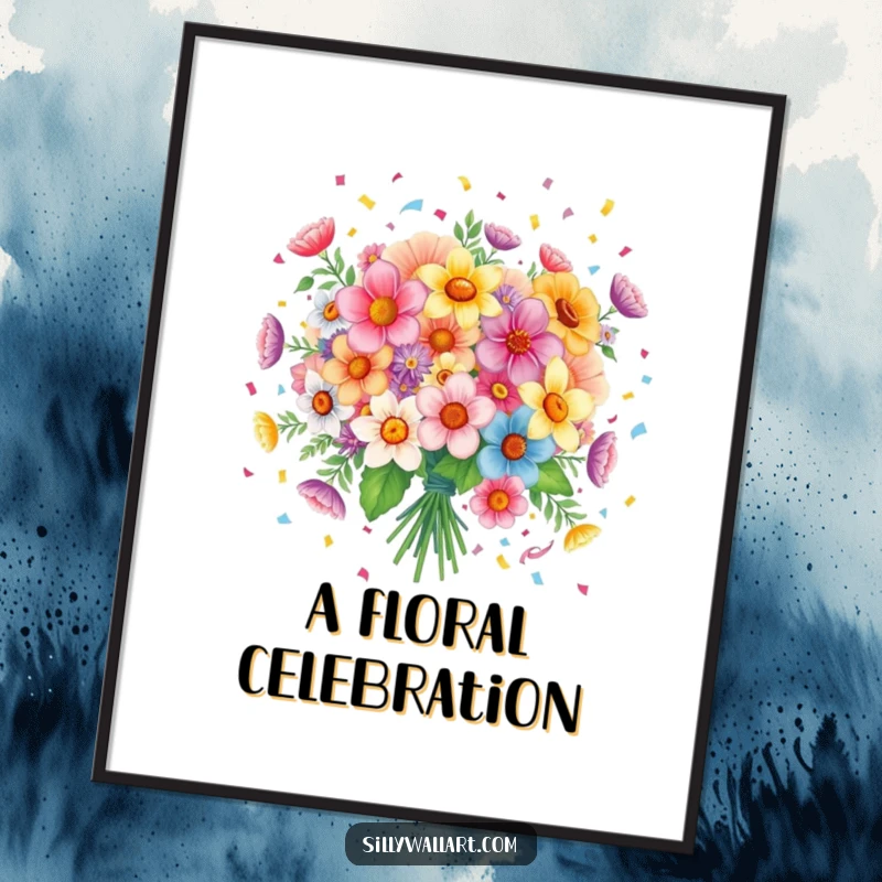 Funny digital art print: A joyful bouquet of flowers spreading confetti, bringing instant festive humor.