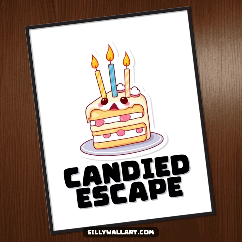 Funny digital art print of a surprised slice of cake with candles floating upwards like balloons, ideal for instant, whimsical decor.