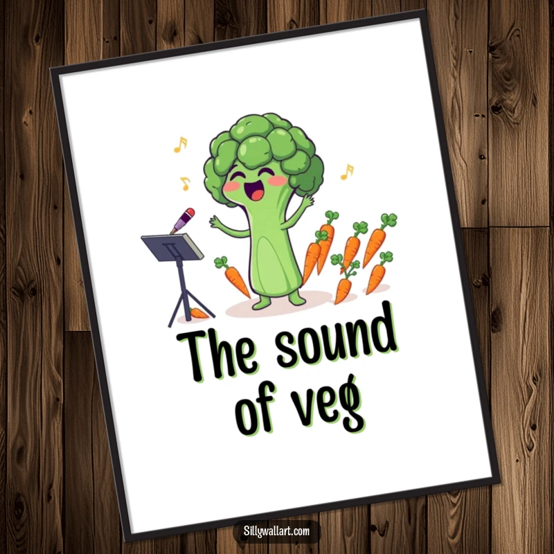 Funny digital art print of a singing broccoli floret comically conducting a tiny carrot orchestra, printable decor.