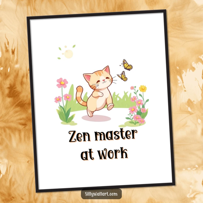 Funny digital art print of a cat's playful chase after a butterfly in a vibrant, sunny garden.