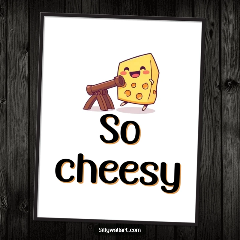 Funny grinning cheese piece launching from a catapult, digital art print that brings bold, humorous, and adventurous vibes to any room.