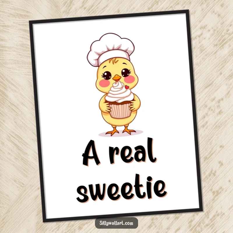 Funny Chick Chef Digital Art Print of a sweet chick chef proudly presenting a perfectly decorated cupcake with a flourish.