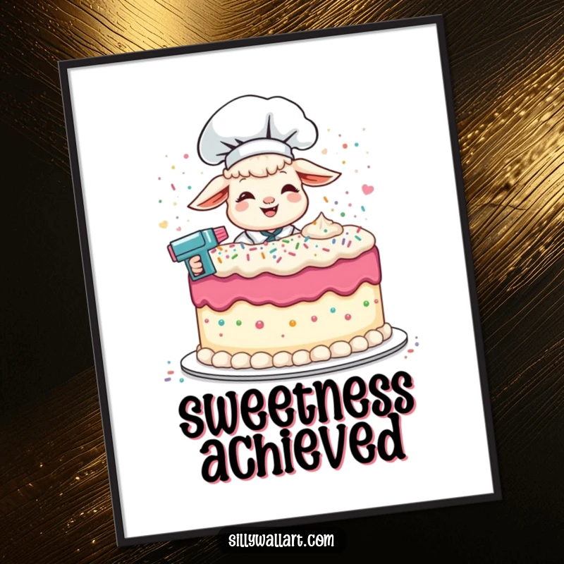 Funny digital art of a giggling lamb chef frosting a cake with a sprinkle gun, bringing baking joy and cheerful vibes.