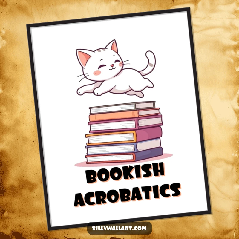 Funny digital art print of a sleek cat leaping gracefully over a stack of books, bringing energy and elegance to your decor.
