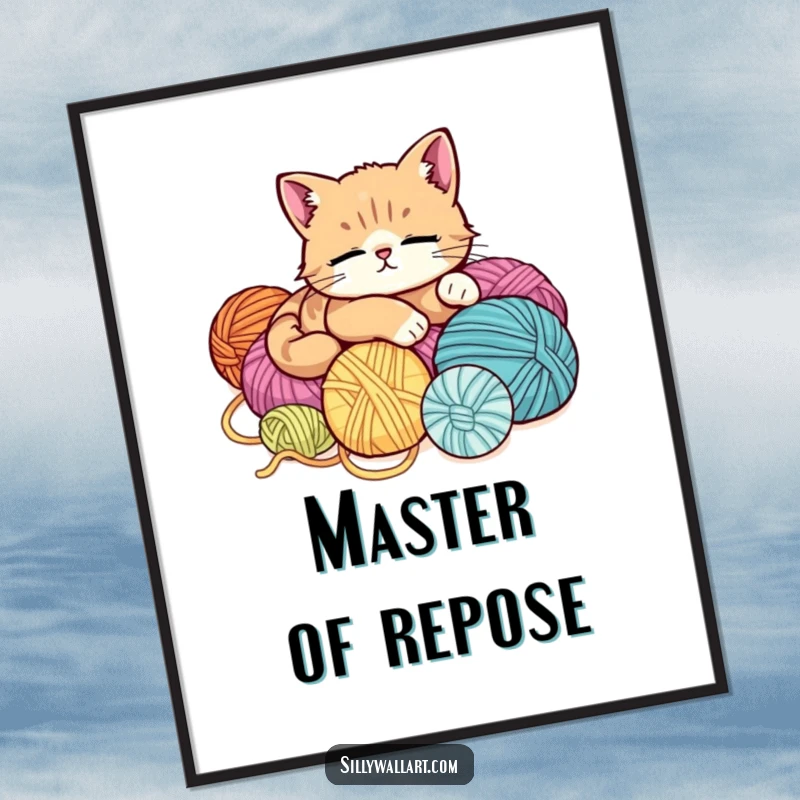 Funny digital art print of a cute, supremely relaxed cat lounging blissfully on a colorful pile of yarn balls, perfect for instant decor.