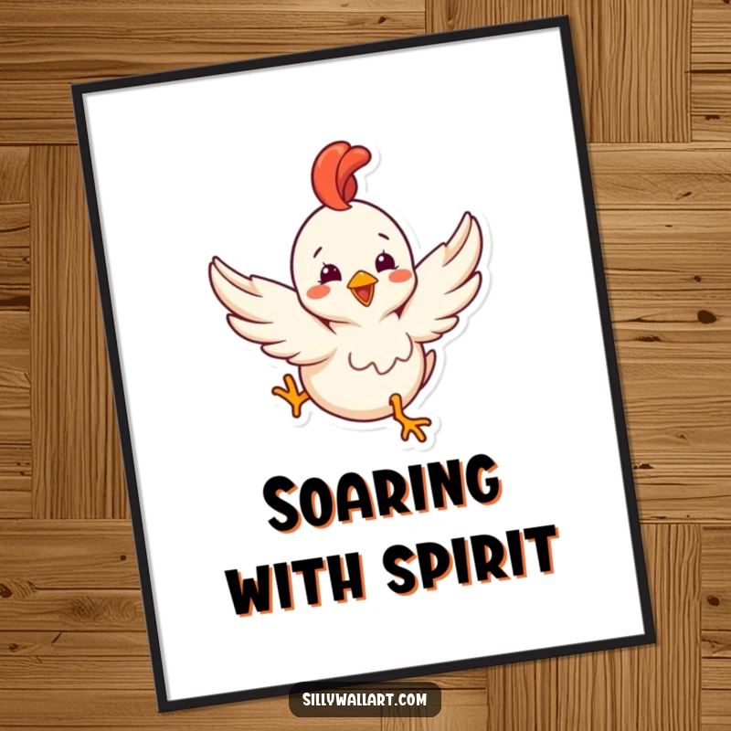 Funny digital art print of a delighted rubber chicken with tiny wings comically trying to fly, printable decor.