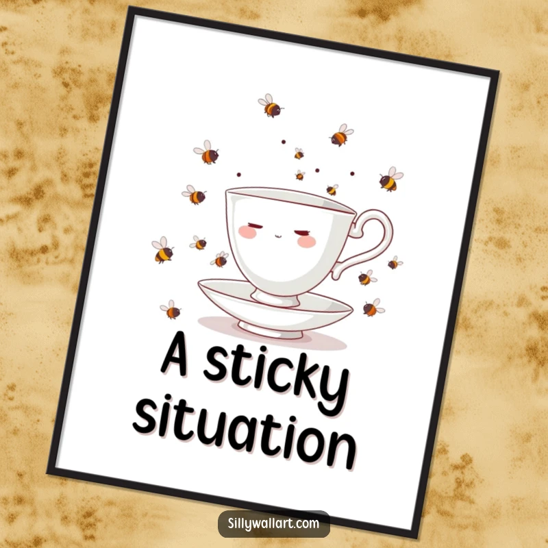 Funny teacup character, overwhelmed by juggling bees, as a downloadable digital art print for humorous decor.