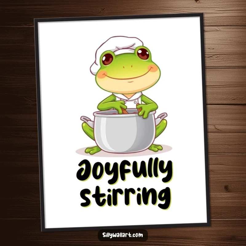 Funny digital art of a joyful frog chef cheerfully stirring a pot with a mischievous glint, bringing culinary joy and playful vibes.