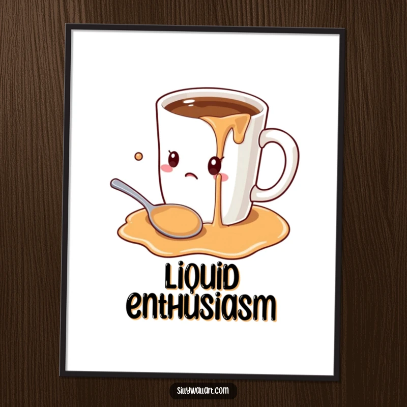 Funny cartoon oversized coffee mug overflowing onto a startled spoon, digital art print that brings humorous, energetic vibes to any room.