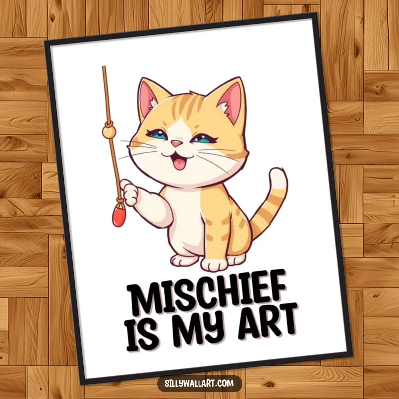 Funny digital art print of a playful cat gleefully batting at a dangling string, its eyes full of pure, mischievous delight.