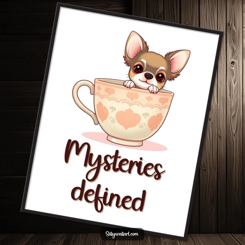 Funny digital art print of a chihuahua peeking from behind a giant teacup. Ideal for whimsical and cute wall decor.