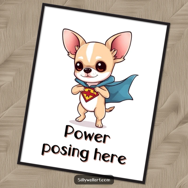 Funny digital art print of a chihuahua dressed as a superhero, striking a dynamic pose. Ideal for heroic wall decor.