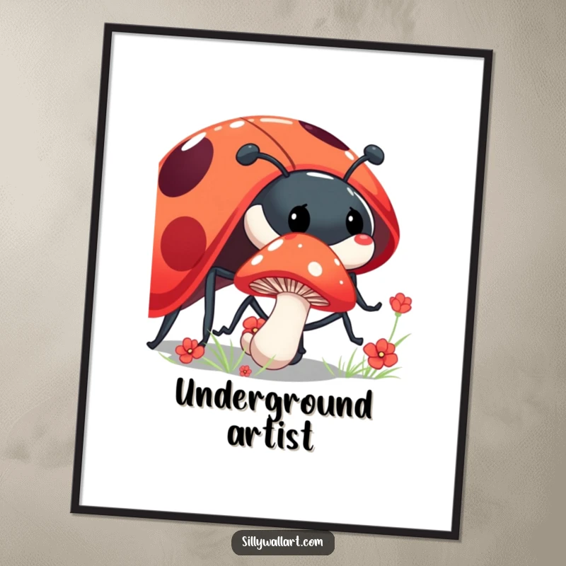 Funny shy mushroom digital art print of a mushroom peeking from behind a giant, laughing ladybug, whimsical and charming.