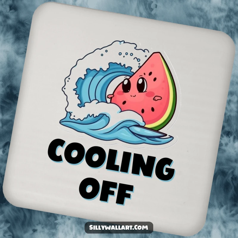 Funny watermelon slice with googly eyes, surfing a wave, printed on a protective drink coaster for tables.