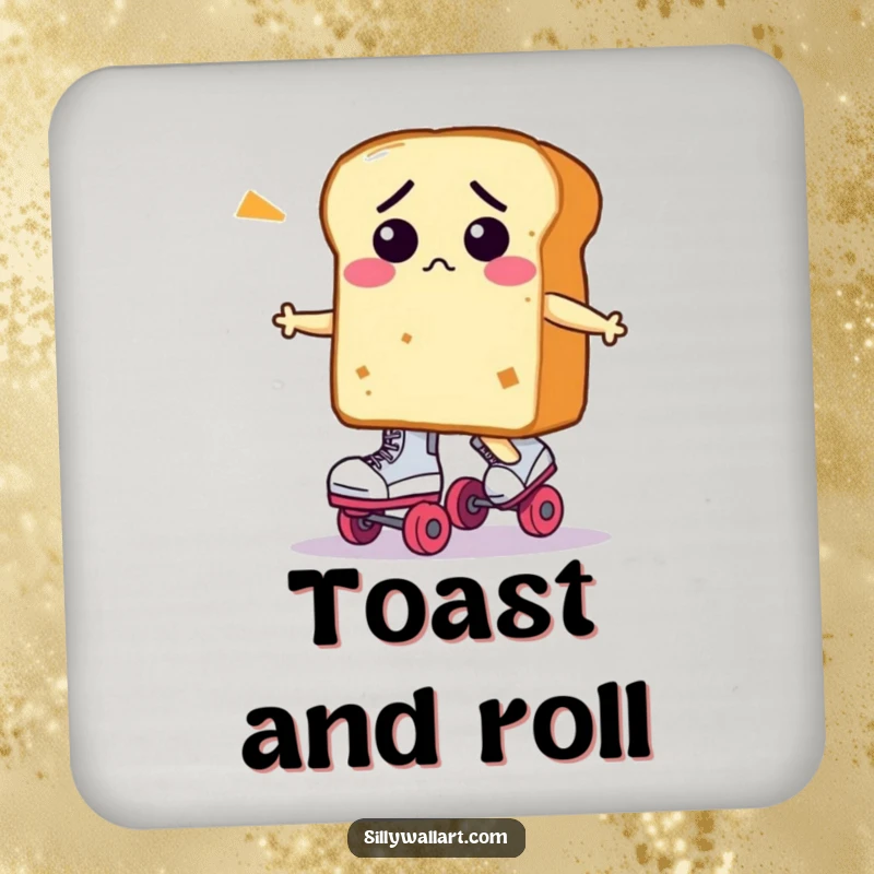 Funny loaf of bread character, confused on roller skates, printed on a protective drink coaster for tables.