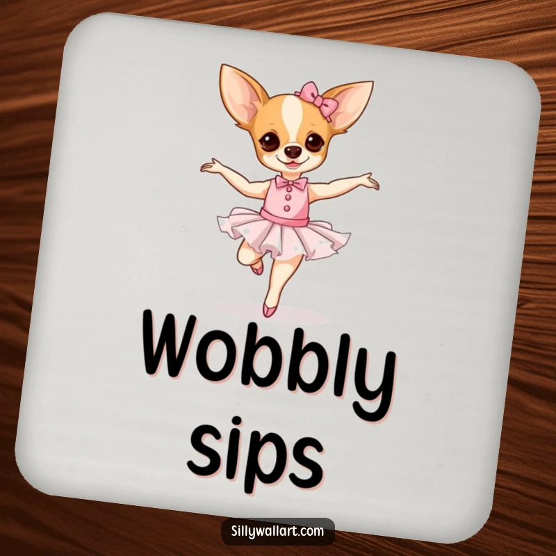 Funny Chihuahua Ballerina Coasters featuring a dog in a ballet costume, protecting surfaces.