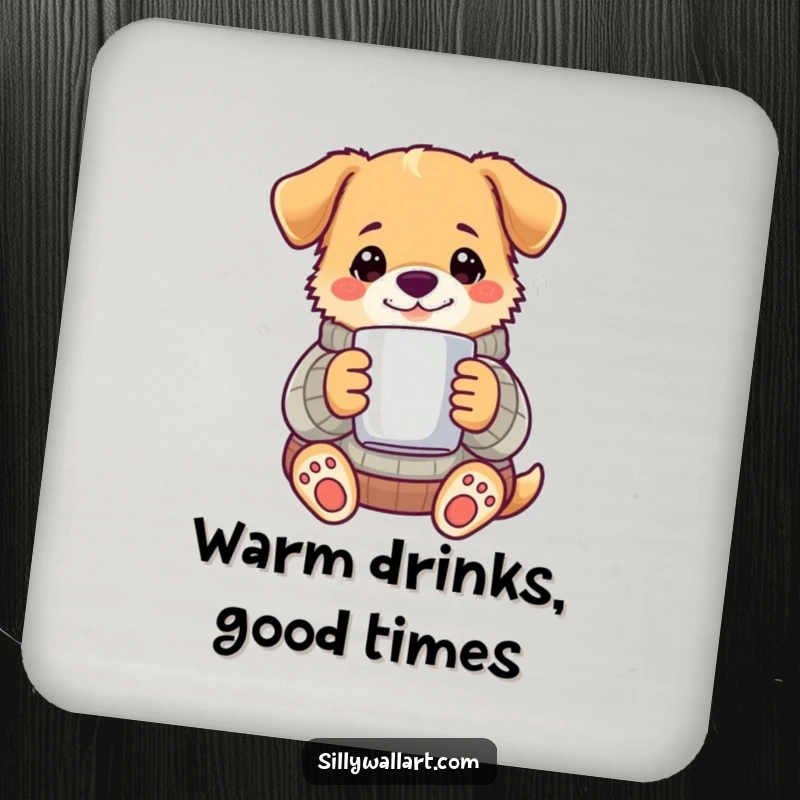 Funny dog in a sweater holding a steaming mug, on a protective drink coaster.