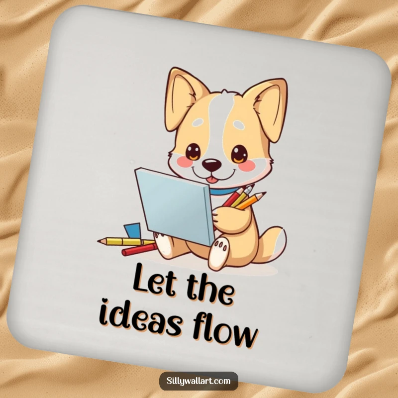 Funny Coaster: A dog artist character with a sketchbook and pencils, looking inspired and artistic, protecting surfaces.