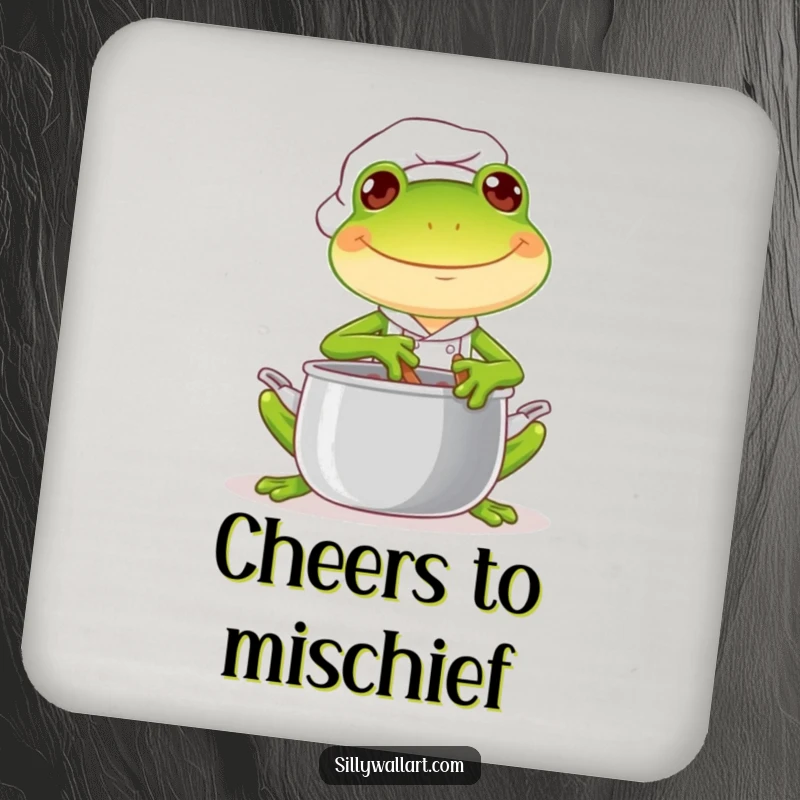 Funny coaster set with joyful frog chefs stirring pots with mischievous glints, protecting surfaces with culinary charm.