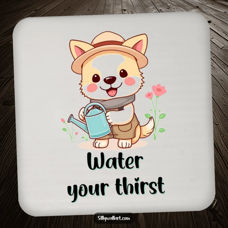 Funny gardener dog coaster, cheerful dog with watering can, humorous drink accessory.