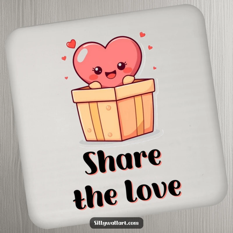 Funny coaster: A cheerful heart character popping out of a gift box, adding a heartwarming and humorous touch.