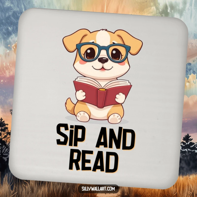 Funny drink coaster featuring a dog wearing reading glasses and holding a book, protecting surfaces with literary-themed humor for home bar setups.