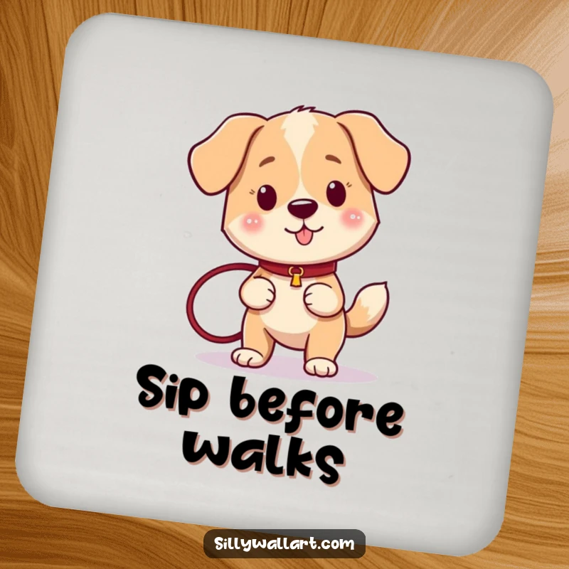 Funny dog with a wagging tail, holding a leash, ready to go, on a protective drink coaster.