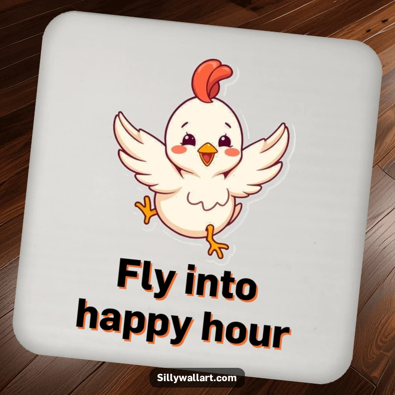 Funny drink coasters featuring a delighted rubber chicken with tiny wings comically trying to fly, protecting surfaces.