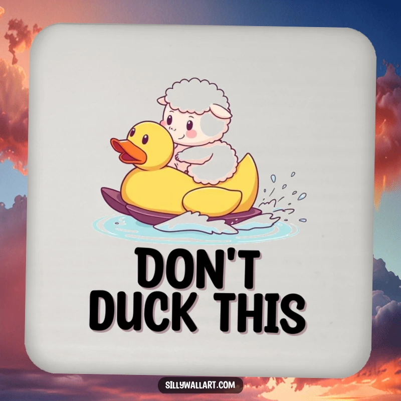 Funny drink coaster, a fluffy sheep waterskiing on a giant rubber duck, adding farm humor to tables.