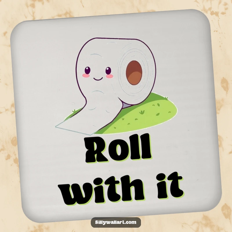 Funny drink coasters featuring a cheerful toilet paper roll comically rolling down a hill, protecting surfaces.