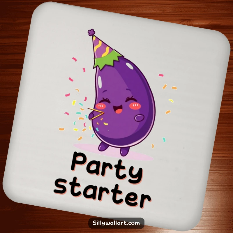 Funny drink coaster with a beaming eggplant in a party hat, hilariously blowing a confetti popper, adding festive flair.