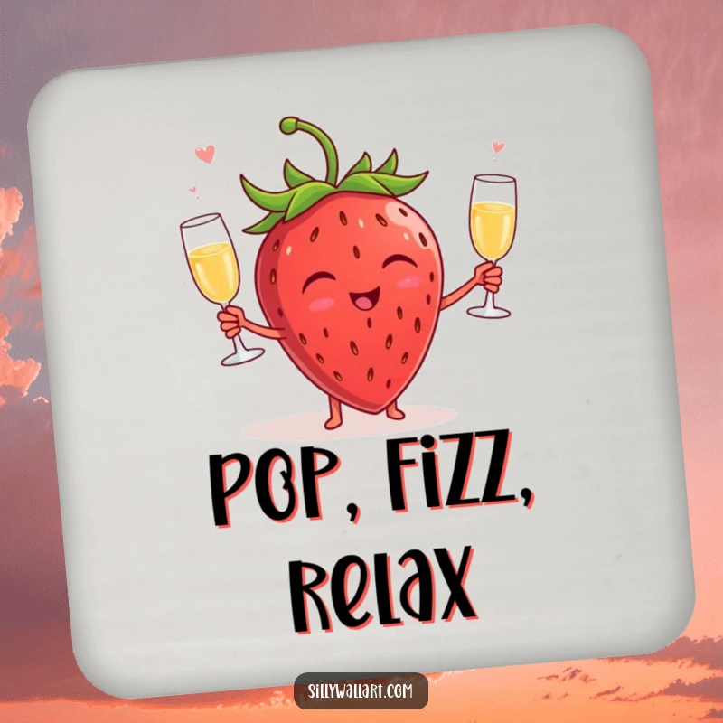 Funny drink coaster with a giggling strawberry juggling champagne glasses, protecting surfaces with a splash of humor and celebration.