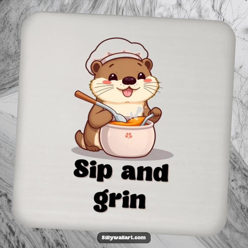 Funny coaster set with happy kawaii otter chefs tasting from pots, protecting surfaces with culinary charm and humor.