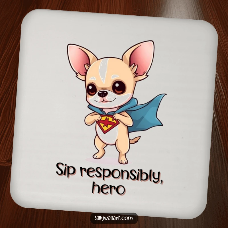 Funny drink coasters with a chihuahua dressed as a superhero, striking a dynamic pose. Protects surfaces with heroic flair.