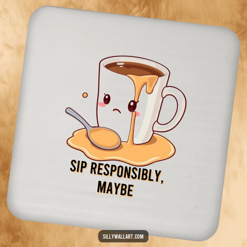 Funny cartoon oversized coffee mug spilling onto a startled spoon, designed as a drink coaster for humorous surface protection.
