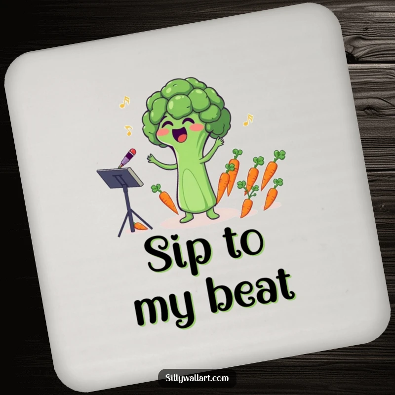 Funny drink coasters featuring a singing broccoli floret comically conducting a tiny carrot orchestra, protecting surfaces.