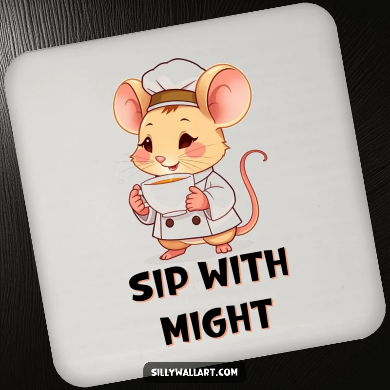 Funny coaster set with determined little mouse chefs holding tiny teacups, protecting surfaces with focused humor.