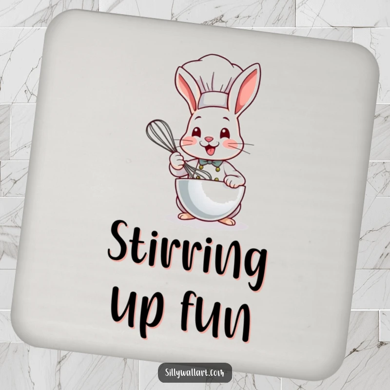 Funny Bunny Chef Coaster featuring a cute bunny chef in a hat, whisking a bowl with a cheerful expression.