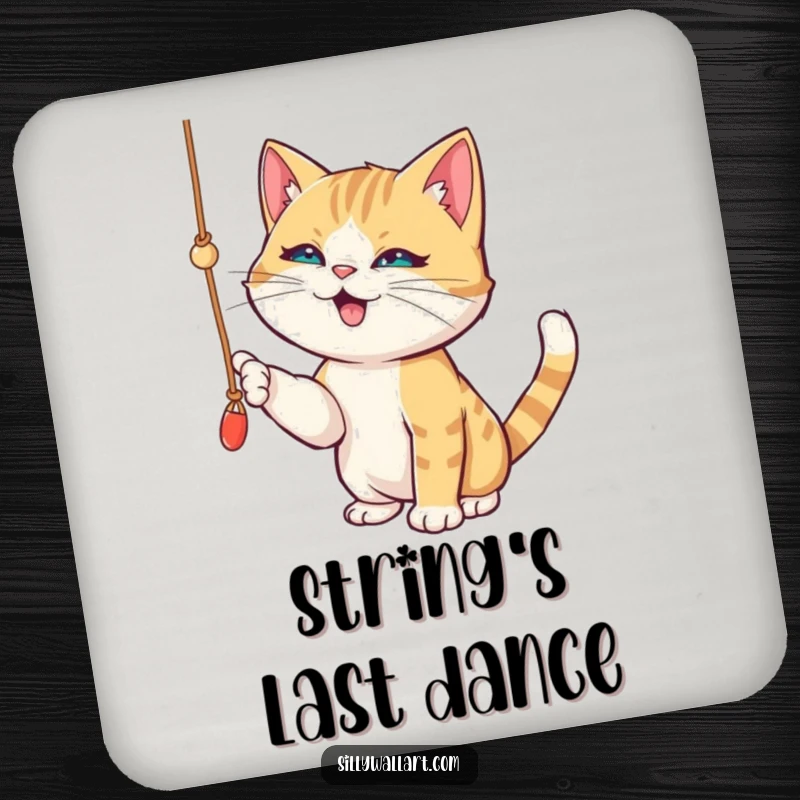 Funny drink coaster featuring a playful cat batting at a dangling string, its eyes sparkling with mischief, protecting furniture.