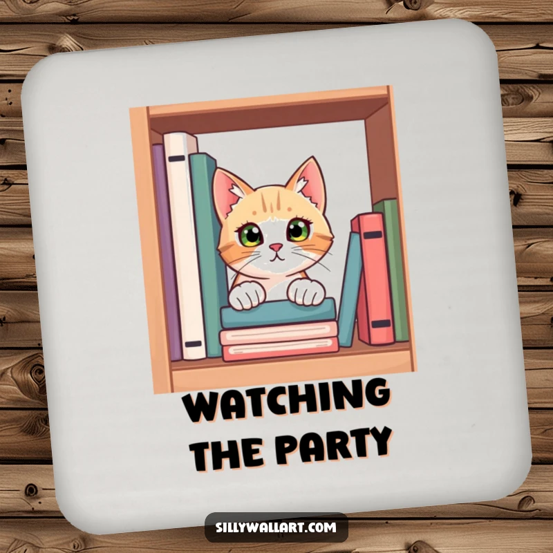Funny drink coaster featuring a curious cat peeking from behind books, its eyes full of wonder, protecting furniture with literary flair.