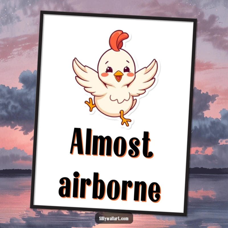 Funny poster showing a delighted rubber chicken with tiny wings humorously attempting to fly, quirky wall art.