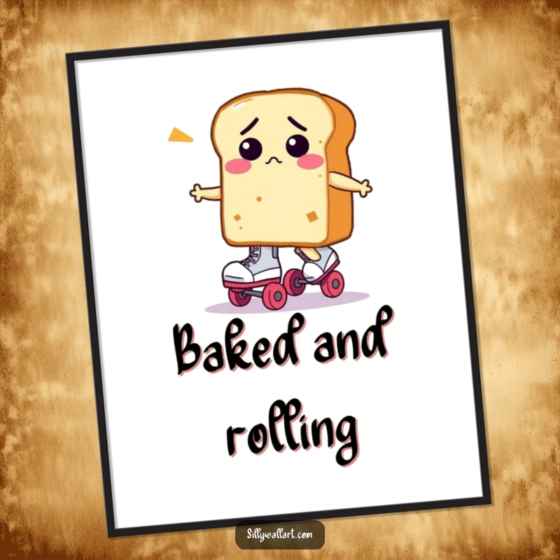 Funny loaf of bread character, confused on roller skates, presented as humorous wall art poster.